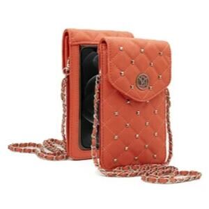 Badgley Mischka vegan leather phone case w/ diamond quilting and studs Coral NWT